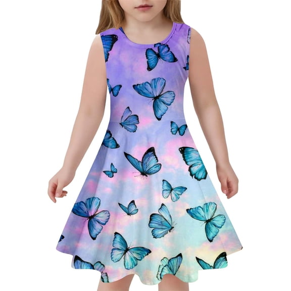 Tisuna Stylish Dress For Girls Child Butterfly Print Sleeveless Crew Neck Dresses Fashion Teen Kids Loose Fit Summer Dress Purple Size 8-9 Years
