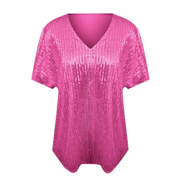 WTXUE T-Shirts Short Sleeve, Crew Neck Shirts for Women's Spring Summer V Neck Sequined T Shirt Solid | Casual for Women Hot Pink S