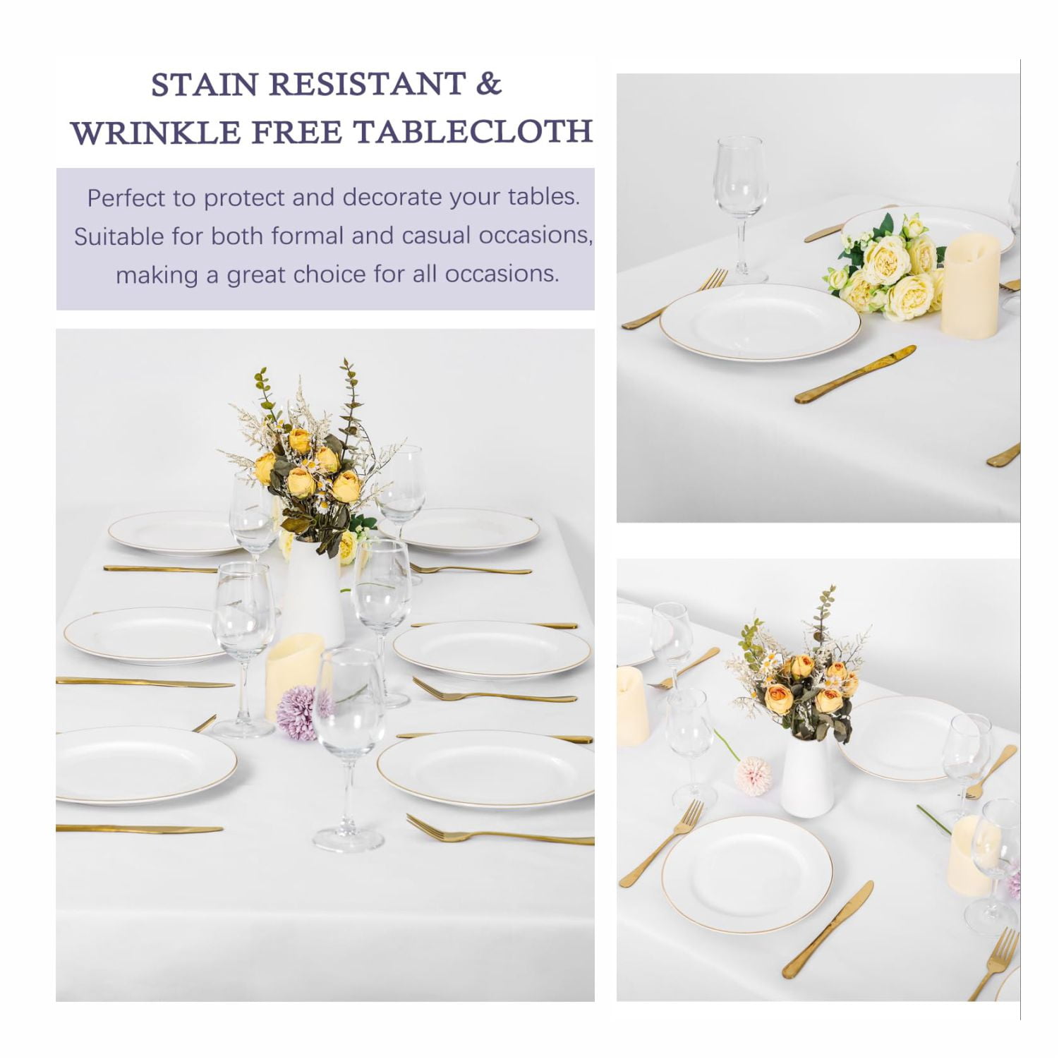 6 Pack White Table Cloth Rectangle Table 60 x 84 Inch Tablecloths for 6 Foot Rectangle Tables. Stain and Winkle Resistant Polyester Washable WhiteTable Cloths for Parties Wedding Dining