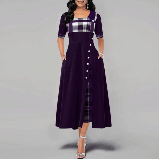 Star Même style Été Rue Tempérament Robe à Manches Courtes Col Rond Grande Balançoire pour Femmes Violet 5TG