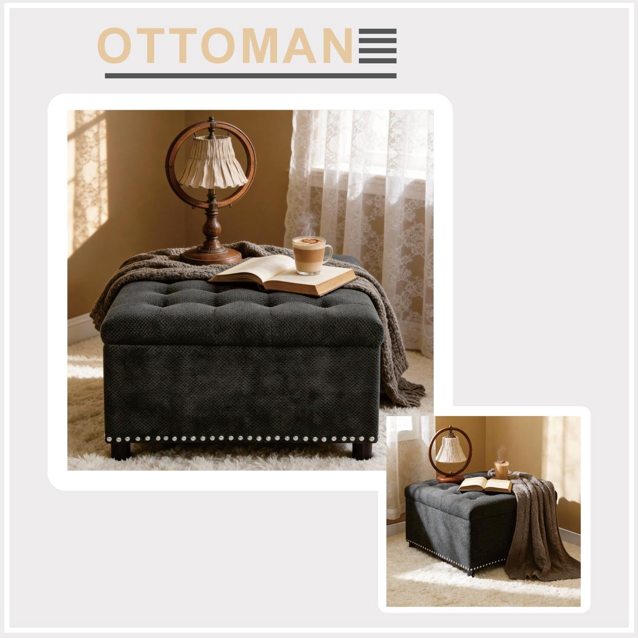 Tufted Storage Ottoman with Nailhead Trim, Square Footstool with Hidden Storage Compartment, Upholstered Coffee Table for Living Room, Bedroom, Dark Grey