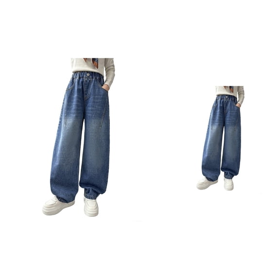 Girls' Wide Leg Denim Pants â High Waist Baggy Straight Barrel Jeans with Double Patch Pockets, Contrast Stitching, Y2K Streetwear Hop Casual Trousers