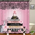 thumbnail image 3 of 4PCS Fashion Shower Curtain Sets With Rugs, Black White Striped Shower Curtain, Girly Magazine Books Pink Floral Peony Leopard Print High Heels Champagne Perfume Lipstick Modern Bathroom Decor, 3 of 7