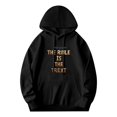 thumbnail image 3 of Women's Long Sleeve Hooded Pullover Sweatshirt - Black with ' THE RINE IS THE TREXT ' Design & Front Pocket, 3 of 7