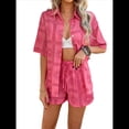 thumbnail image 2 of Conjunto de 2 Piezas para Mujer, con Estampado Floral Tropical Suave de Verano, Cuello en V, Corta, Botones y Pantalones Cortos. Rosa-Rojo XL, 2 of 10