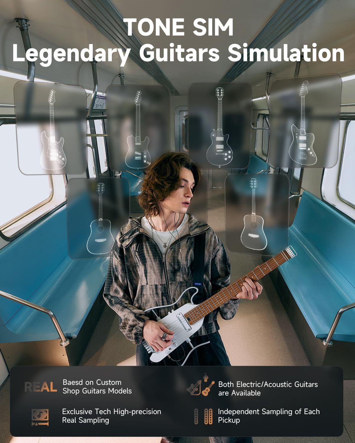 Donner HUSH X PRO Electric Guitar Kit - Smart Travel Guitar with Dozens of Preset Combinations, 7 Tone Sim Options, Metallic White