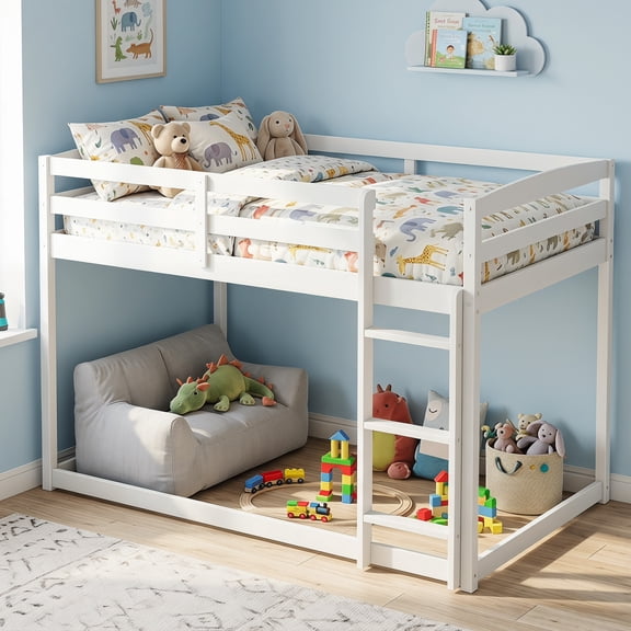 Gymax Full Over Full Bunk Bed w/ Full-length Guardrails & Integrated Ladder White