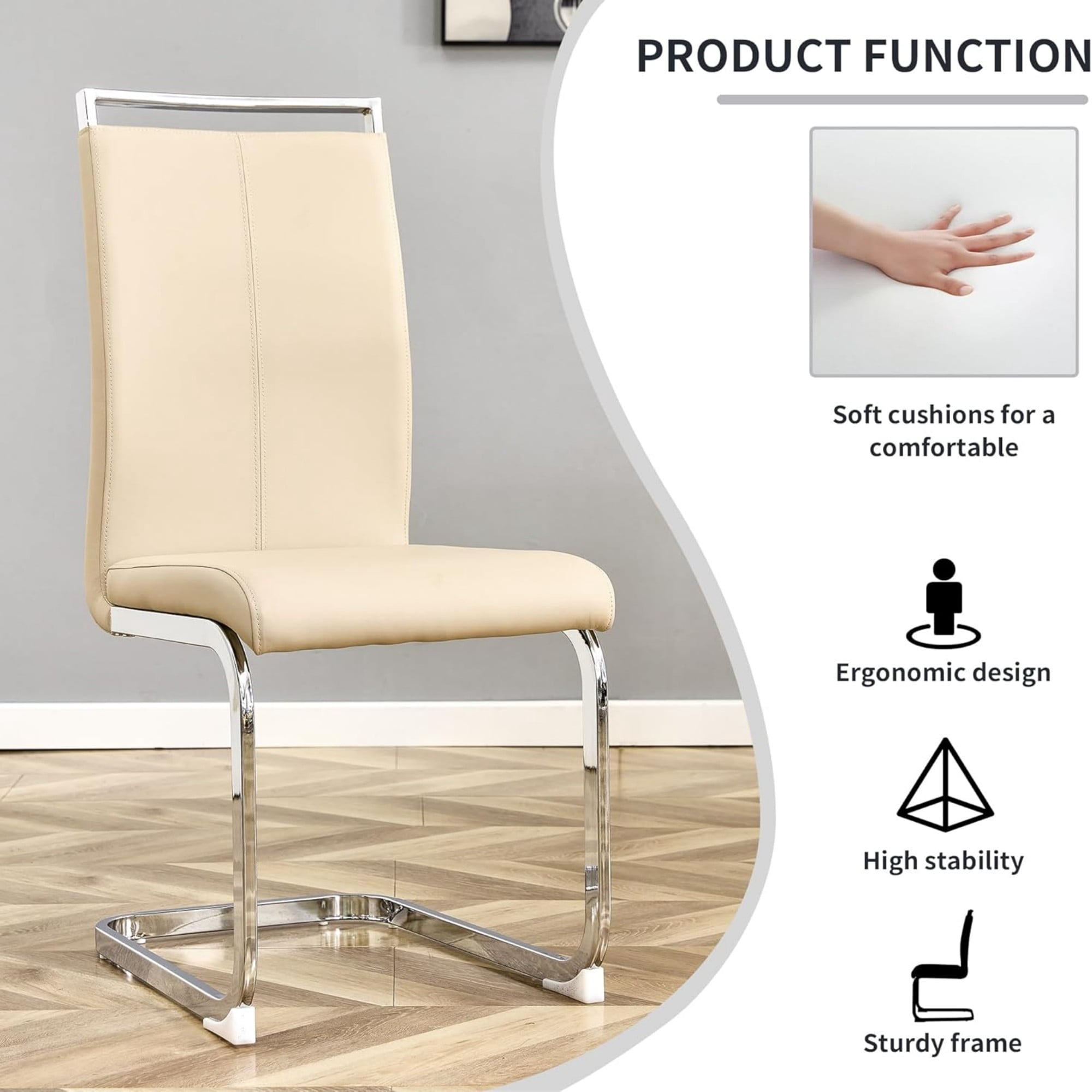 TesNus Dining Chair Set, Beige PU Leather High Back with Chrome Cantilever Frame, Set of 4 for Dining Room