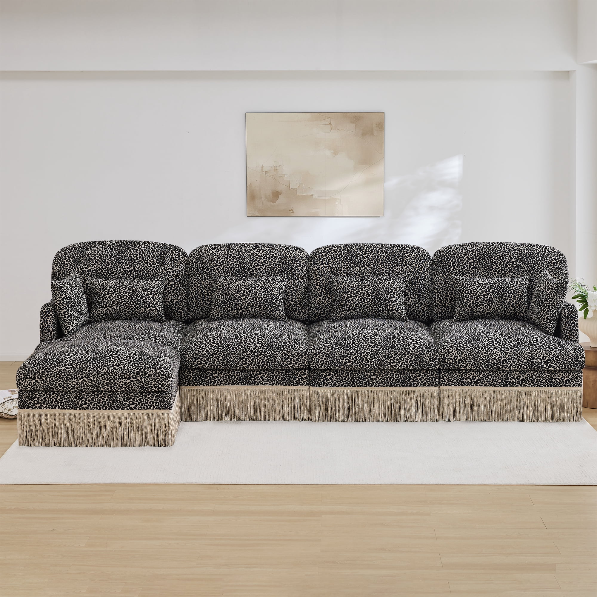 131" Chenille Leopard Tassel Deep Seat L Shape 4 Seater Modular Sofa Couch with 6 Throw Pillows and Ottoman