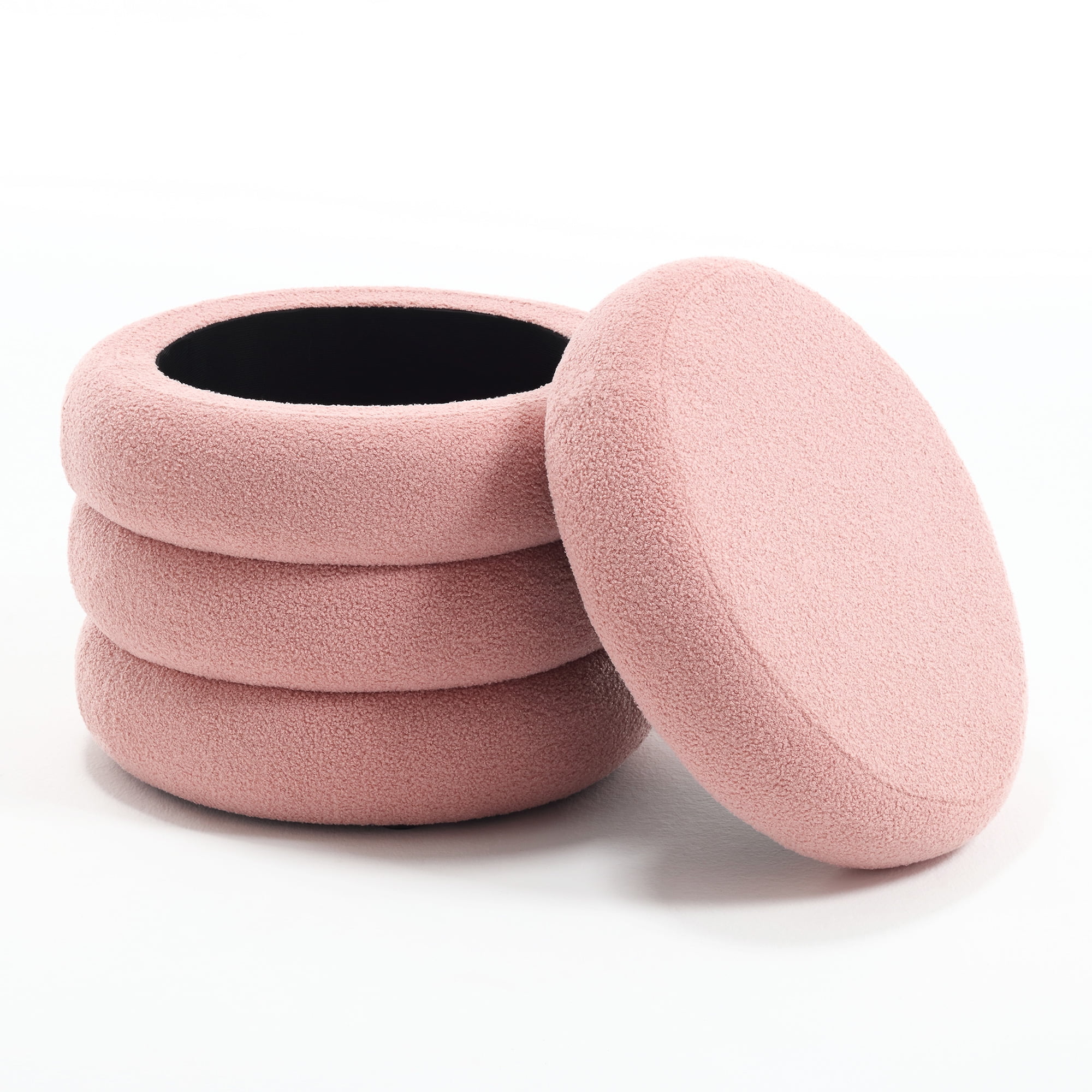 Zesthouse 20.1" Wide Round Boucle Storage Ottoman, Tufted Sherpa Ottoman Footstool for Living Room Bedroom, Pink