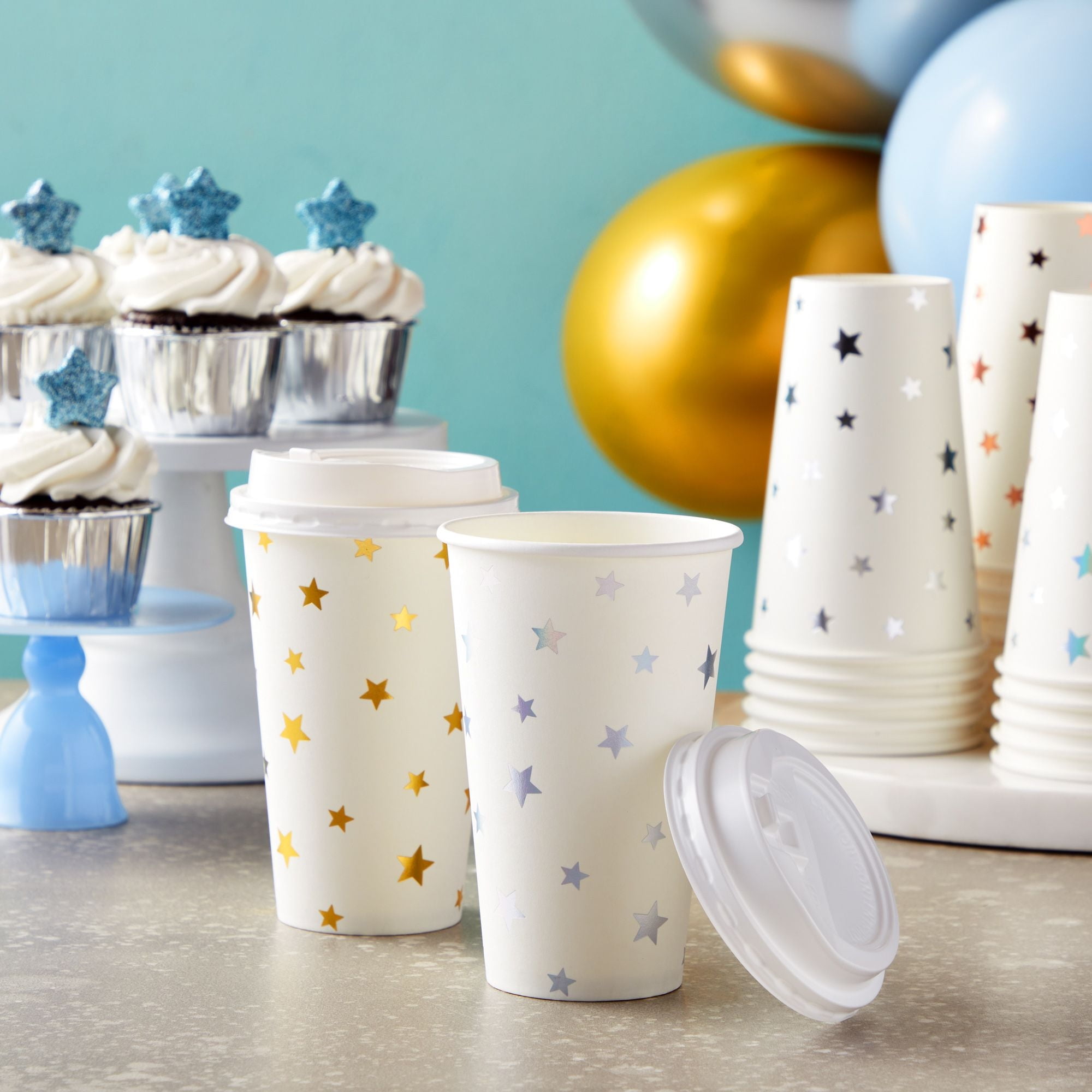 16 oz. Cute Patterns Stripes, Dots & Stars Disposable Paper Coffee Cups  with Lids - 12 Ct.