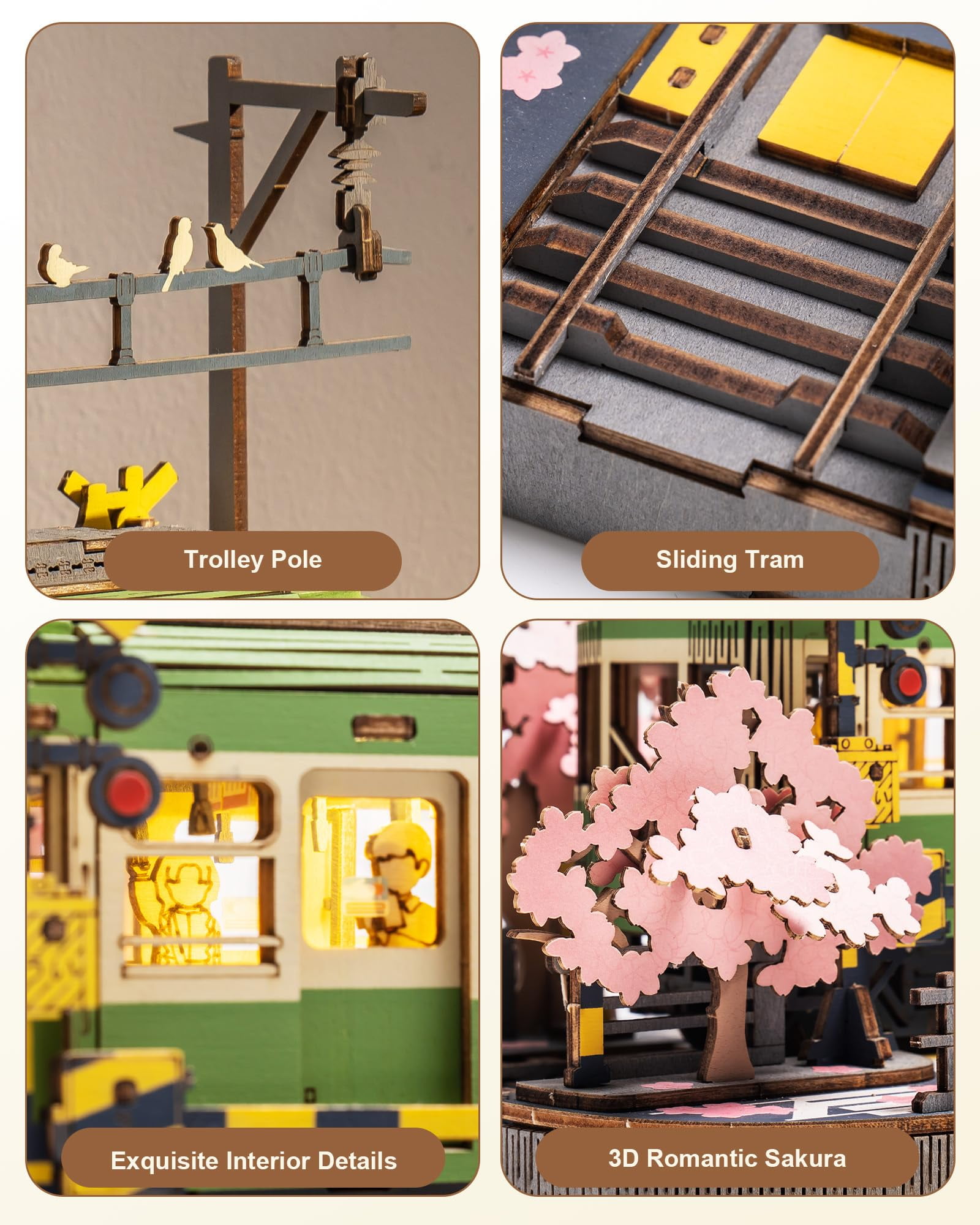 Rolife 3D Puzzle Wooden Jigsaw Car Toy DIY Model Kit for Adults, Building Toy with LED Light Diorama Tram Hobby for Kids Brain Teaser (Sakura Journey)