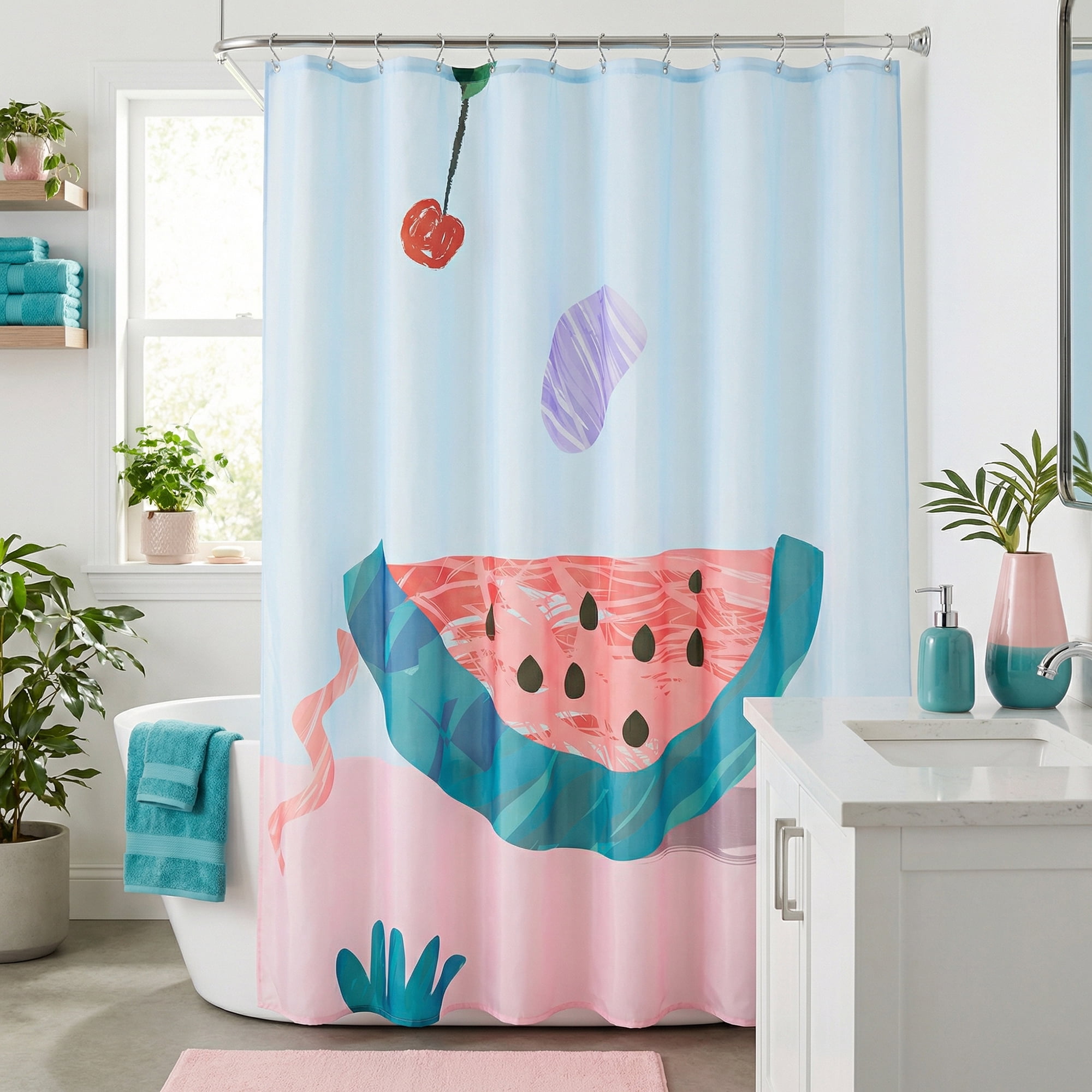 Unique Bargains Cute Print Shower Curtain Sets with Hooks Pink Watermelon 71"W x 71"L