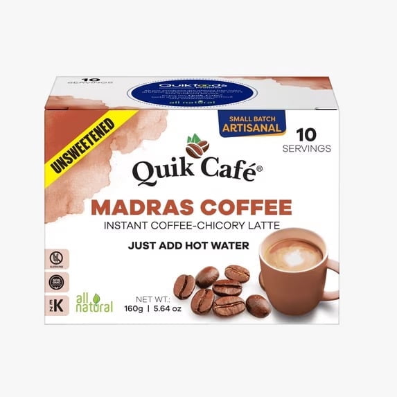 QuikCafé Instant Unsweetened Madras Coffee Latte – 10 Count, Rich aroma of coffee and chicory. No added sugar. All-Natural Ingredients, Preservative-Free – Just Add Hot Water, Kosher, Gluten Free