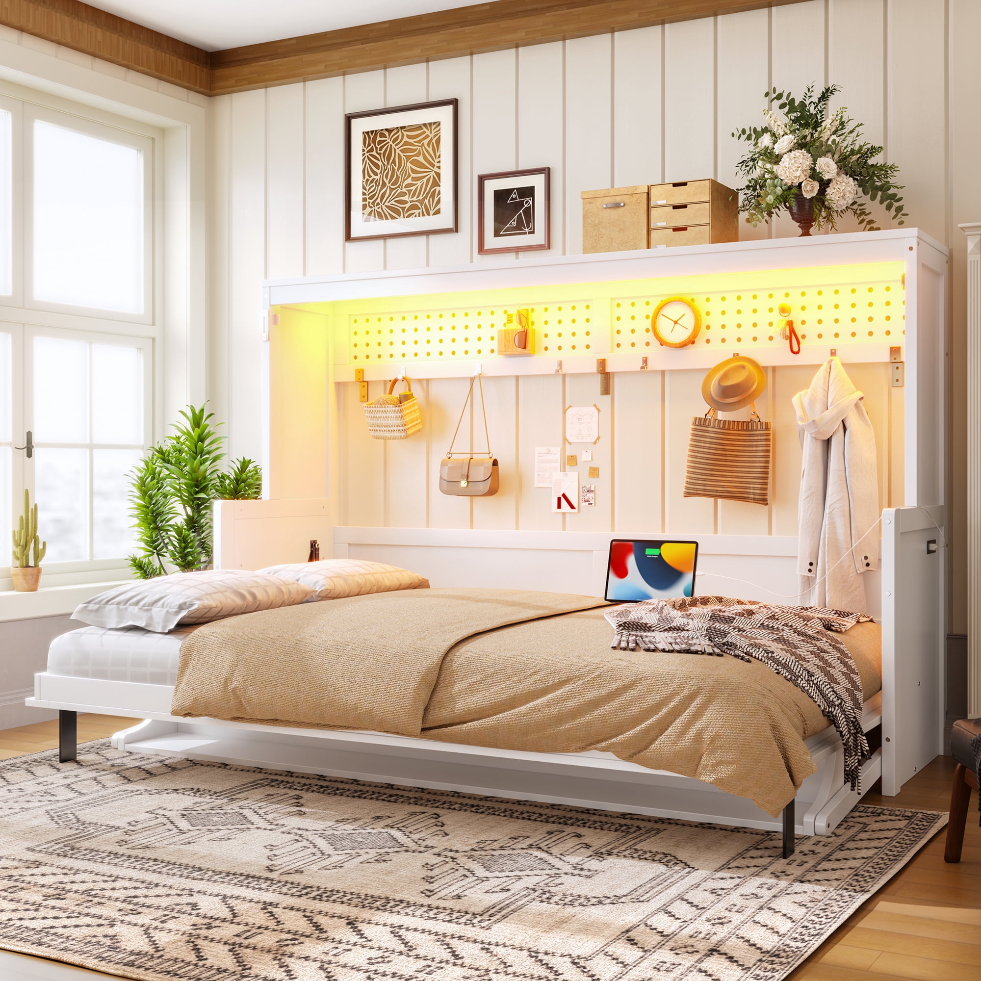Mintazer Full Murphy Bed with Desk & Pegboard Storage, Farmhouse Foldable Bed with Charging Station & LED Lighting for Bedroom Guest Room, White