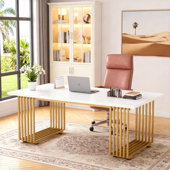 KIOOTTO 71 Inch Modern Executive Desk, White & Gold Dining Table for 6-8 People, Large Glam Computer Desk with Gold Metal Legs, Heavy Duty Office Workstation & Conference Table