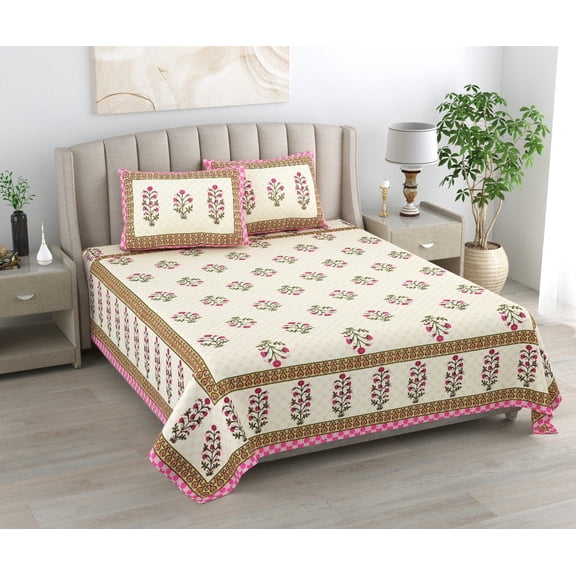 Indian Cotton Bedspread Queen Size with Pillow Covers – Ethnic Floral Print Bedding Set(ACSHCVL_1012_YL)
