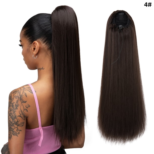 Zhuge Extensiones de cola de caballo de 20" con cordón, cola de caballo falsa larga y recta, extensión de cabello con clip suave natural, postizo sintético resistente al calor, E