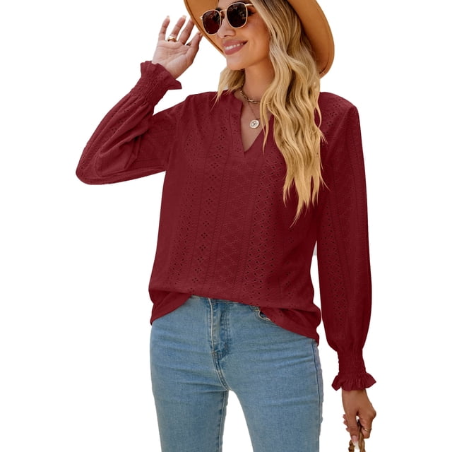 Camisa de manga larga para mujer, blusa tipo túnica con cuello en V, camisa de encaje de moda