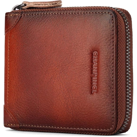 Cartera de Cuero Genuino para Hombre con Zíper, RFID, Segura, de Gran Capacidad, Doble Pliegue, Multi-tarjeta, Carteras de Cuero para Hombre y Monedero