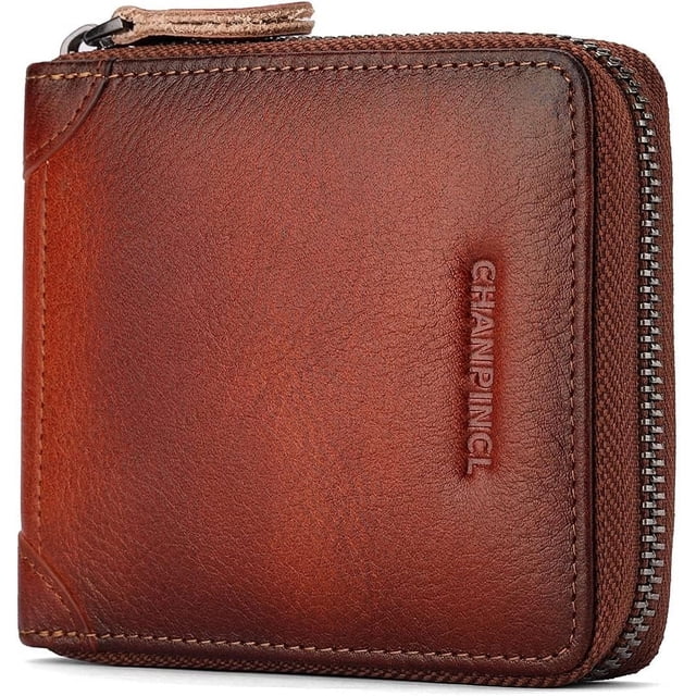 Cartera de Cuero Genuino para Hombre con Zíper, RFID, Segura, de Gran Capacidad, Doble Pliegue, Multi-tarjeta, Carteras de Cuero para Hombre y Monedero
