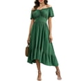 thumbnail image 2 of ClodeEU Women's Off Shoulder Puff Short Sleeve Waist Tie Irregular Midi Dress,Casual Summer Swing Dress Green,Women's Plus XXXL, 2 of 7