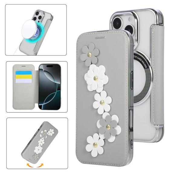 Eombossed Floral Flip Case for iPhone 14 Pro Max, Case Wallet PU Leather with Card Holder RFID Blocking Compatible with MagSafe Protection Clear Back Shockproof Cover for iPhone 14 Pro Max, White