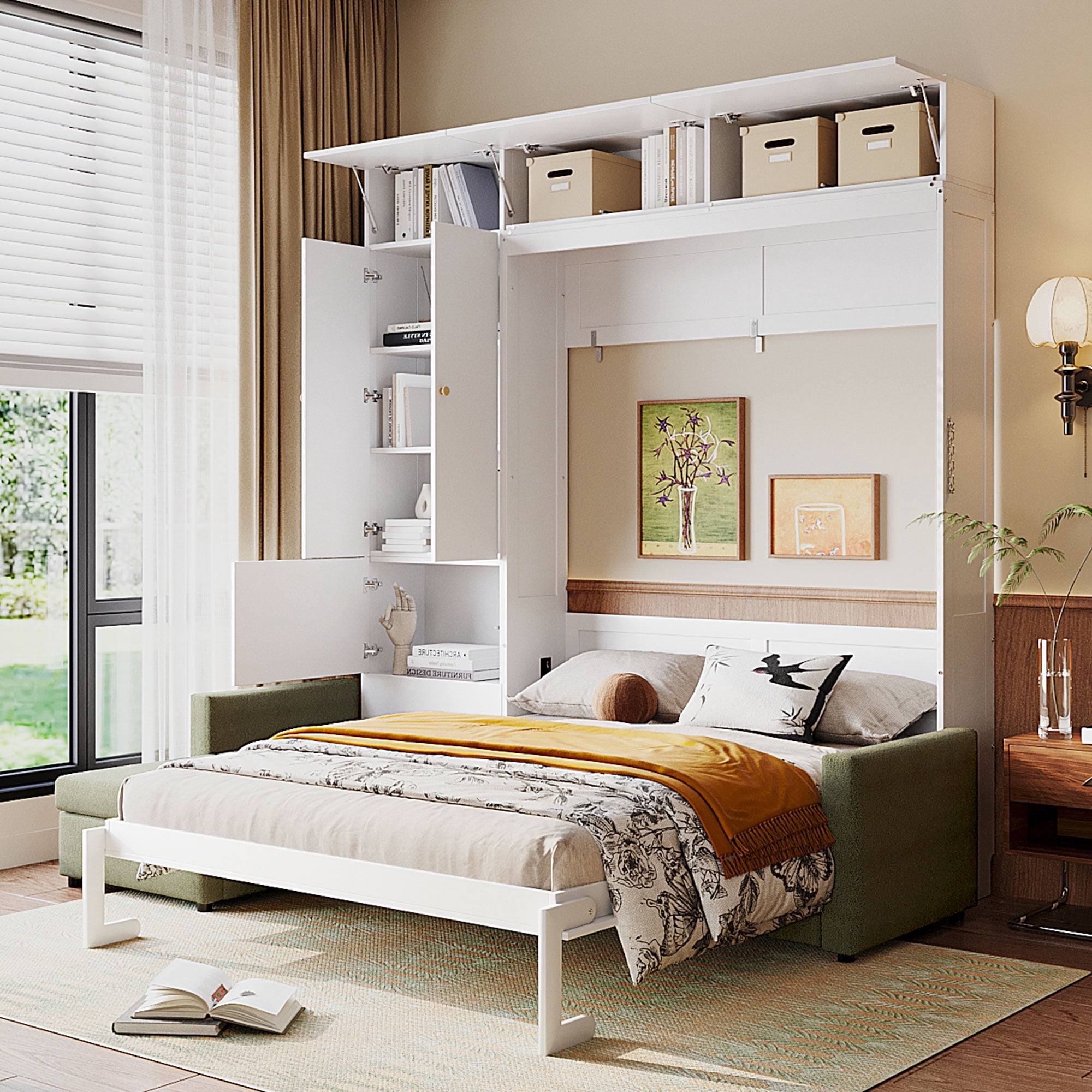 Mintazer Queen Murphy Bed with L-Shaped Sofa & Storage Cabinets, Modern Foldable Wall Bed for Bedroom Apartment Guest Room, White & Green