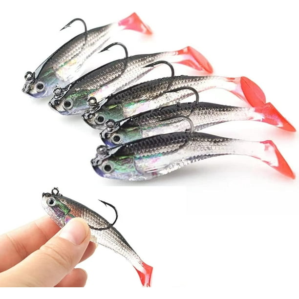 Fishing Lure Set, 5pcs 8cm Soft Bait Lead Head Sea Fish Lures Fishing Tackle  Pointed Triple Hook Artificial Bait T-Tail 