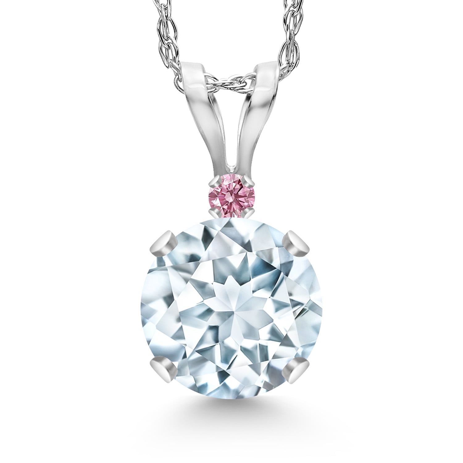 Gem Stone King 14K White Gold Sky Blue Aquamarine and Pink Lab Grown Diamond Pendant Necklace for Women | 0.77 Cttw | Gemstone March Birthstone | Round 6MM | With 18 inch Chain