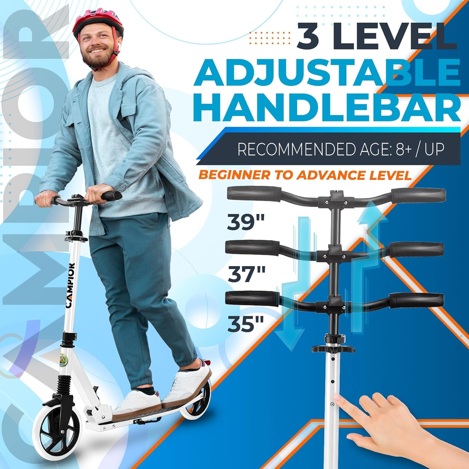 Campior Kick Scooter for Ages 6+, For Kids, Teens, and Adults, Max Load 240 LBS, Foldable, 8-inch Big Wheels for Kids and Adults, With Kickstand, 3 Adjustable Levels, Child Safety Approved, White