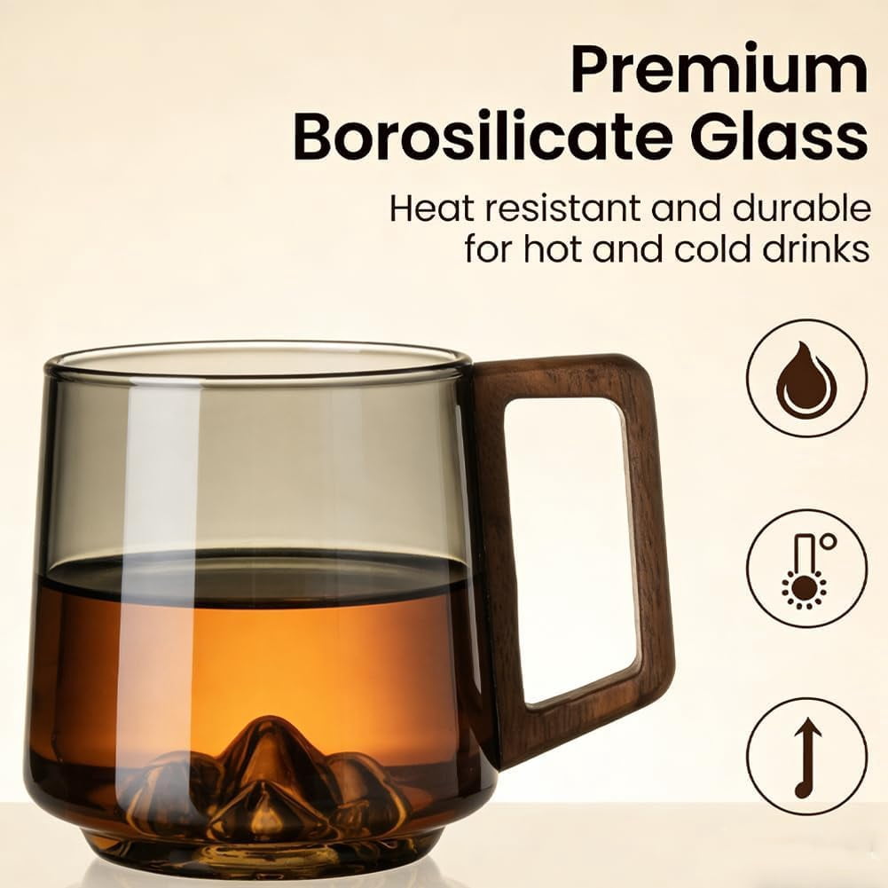 Smokey Gray Glass Slanted Coffee Cups with Wooden Handle, Mountain Base Artistic Mug, Borosilicate Heat Resistant Drinkware for Latte Espresso Tea, Elegant Conical Design (Transparent, 2)
