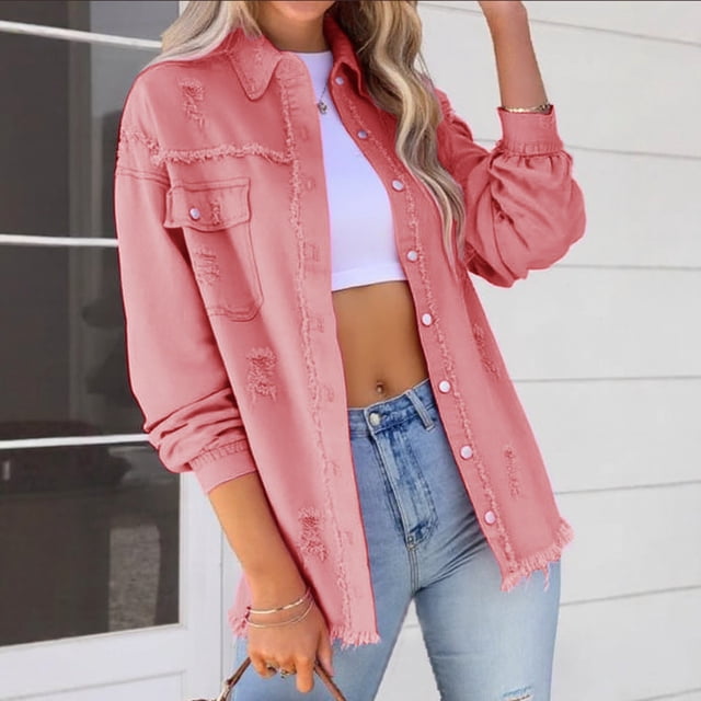 LOVZFMLL Vestes pour Femmes Mode à Manches Longues Décontractée à Boutons Veste en Denim Ample avec Franges et Trous Hauts