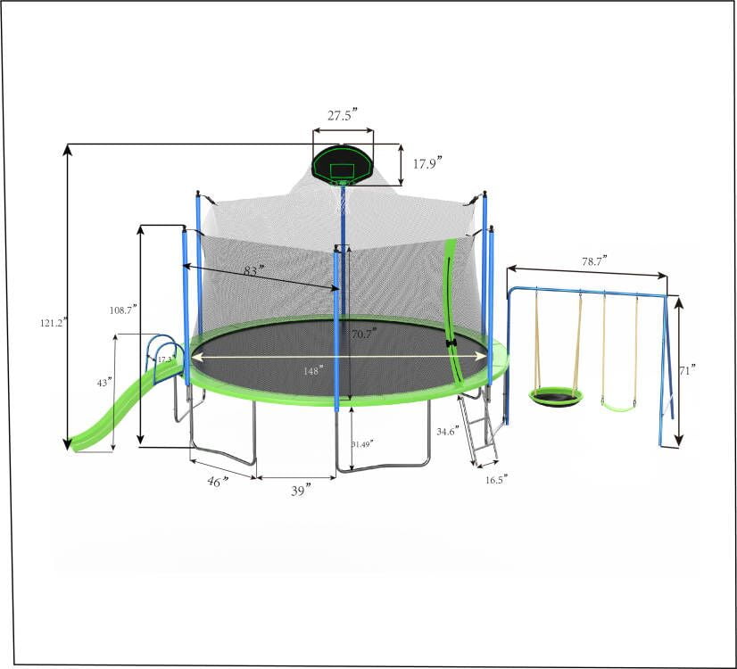 Leumius 14FT Trampoline with Slide and Swings,Outdoor Recreational Trampoline with Basketball Hoop and Ladder,Backyard Trampoline with Net for Kids and Adults,Green