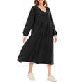 thumbnail image 1 of Vestido de color sólido para mujer, cuello en V, manga larga, puño elástico, fruncido, vestido de ve Abanopi Negro/4X-grande, 1 of 7