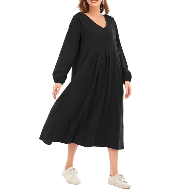 Vestido de color sólido para mujer, cuello en V, manga larga, puño elástico, fruncido, vestido de ve Abanopi Negro/4X-grande