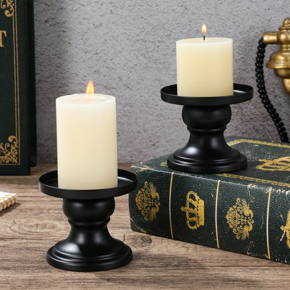 NIAIZEK Set of 2 Black Metal Pillar Candle Holders for Home Decor, Stylish Candlestick Holders 3.15x2.76x2.56 inches