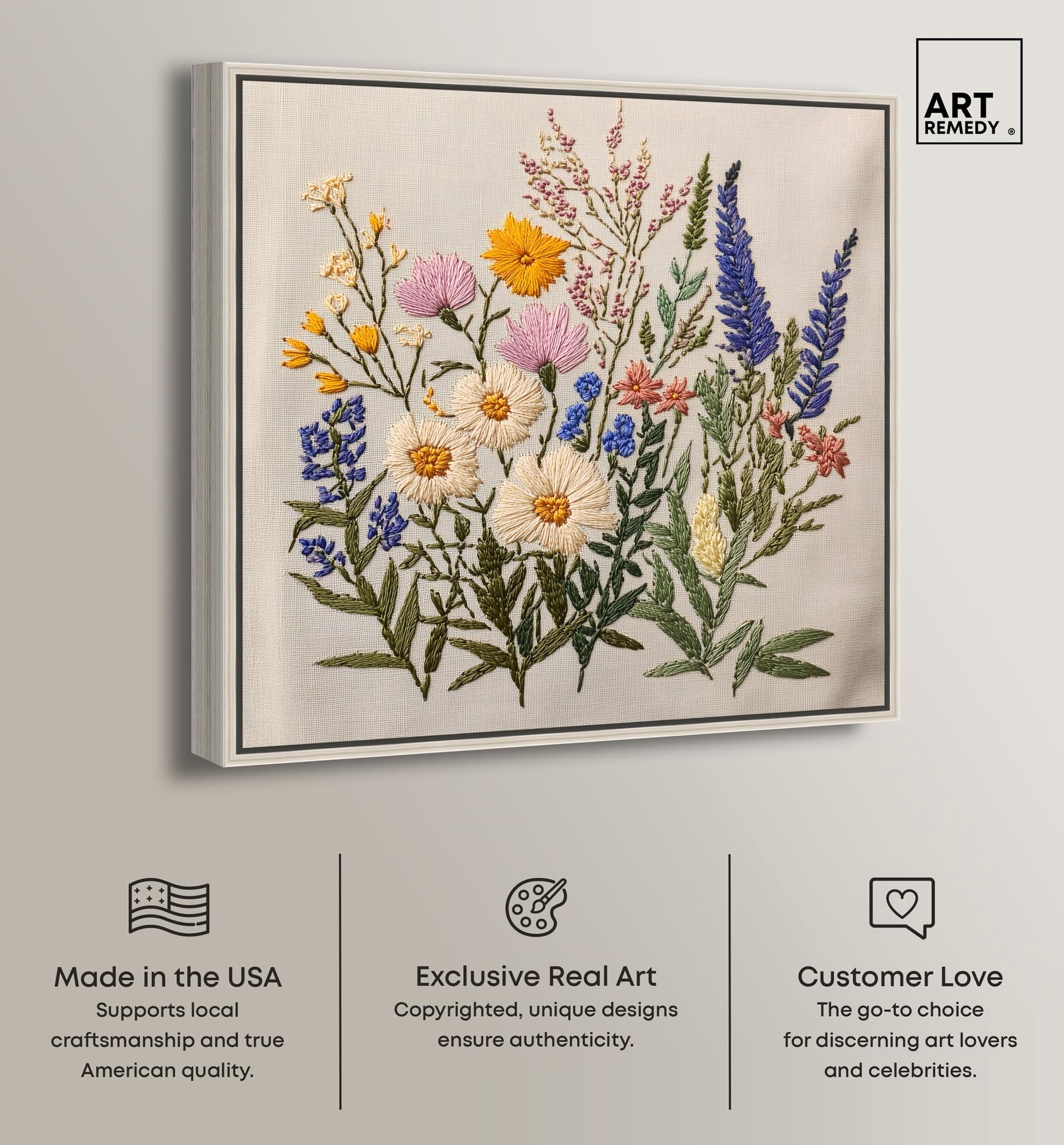 Needlepoint Prairie Posy Canvas Floral Prints by Art Remedy, Silver Frame, 12 x 12