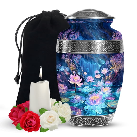 YATSKIA Purple Lotus Urns for human Ashes Adult Brother and Sister, Decorative Large Memorial Urn for Ashes Adult Male, (200 Cubic, Large 10 Inch)