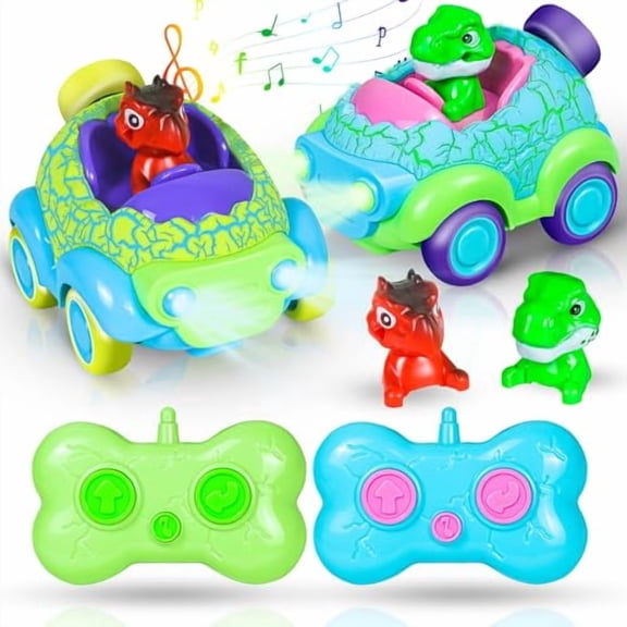Remote Control Car for Toddlers,2 Pack Cartoon Dino with LED Lights & Music,Dinosaur Toys for Kids Ages 1-5,RC Cars for Boys & Girls