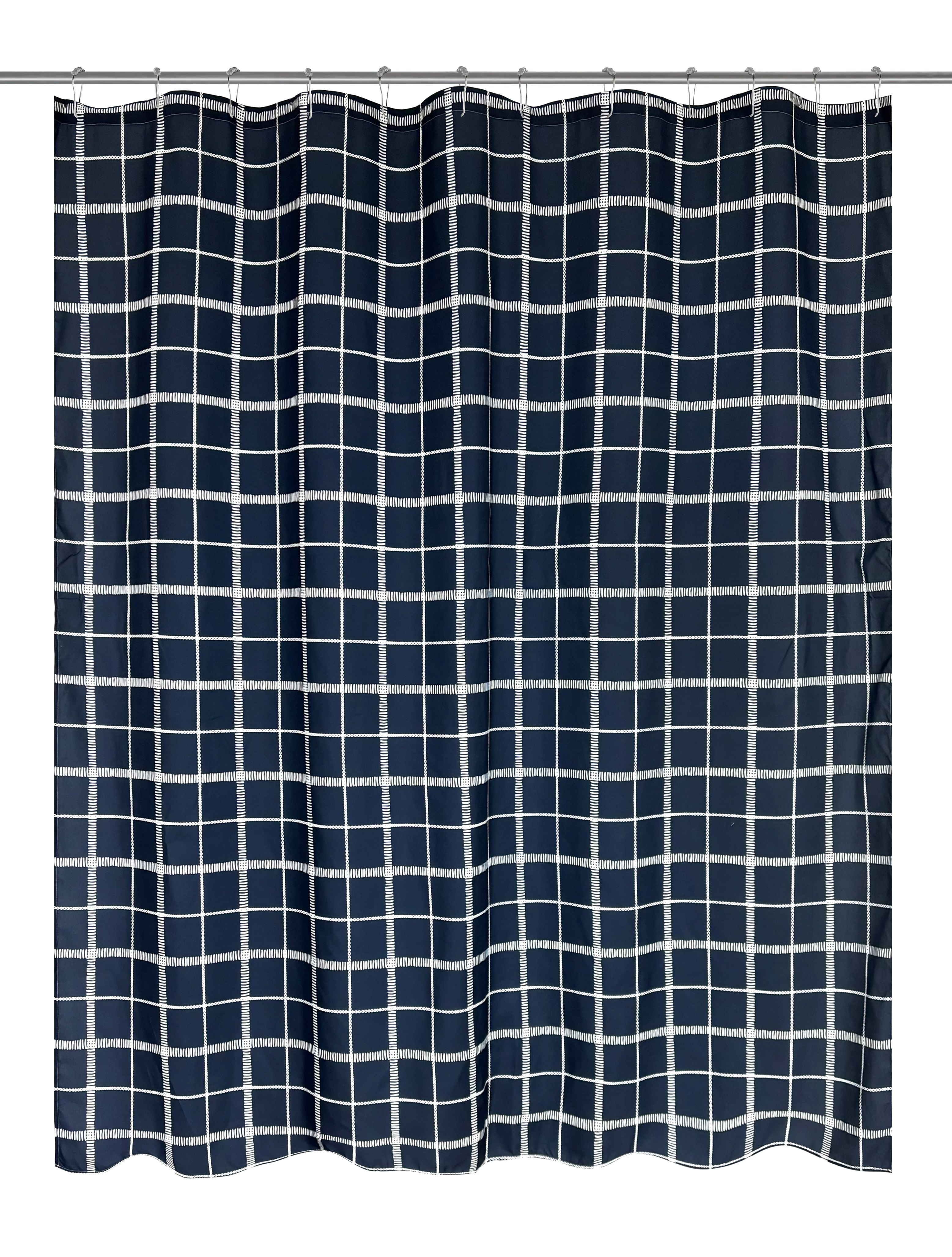 Mainstays 16-Piece Navy Blue Check Shower Curtain Bathroom Set – Fabric Curtain with Rug, Hooks, Soap Dispenser & Tray