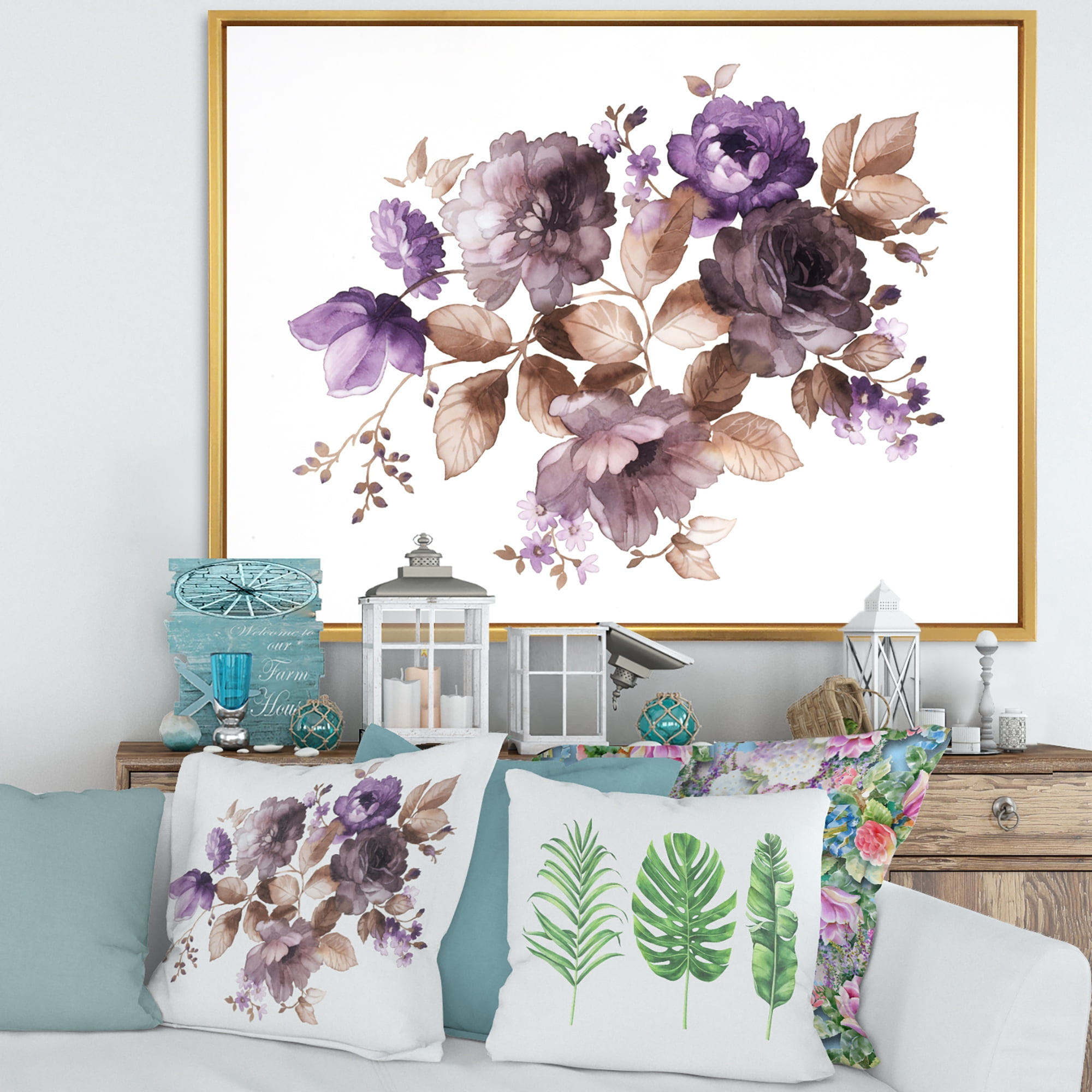 Designart 'Purple Retro Flowers With Brown Leaves On White' Traditional Framed Canvas Wall Art Print