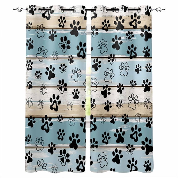 Blue Beige Paw Print Blackout Curtains for Bedroom Living Room Darkening Curtains 63 Inches Long Vintage Farmhouse Country Wood Grain Window Curtain 2 Panels Set Window Treatment Drapes 42"x63"