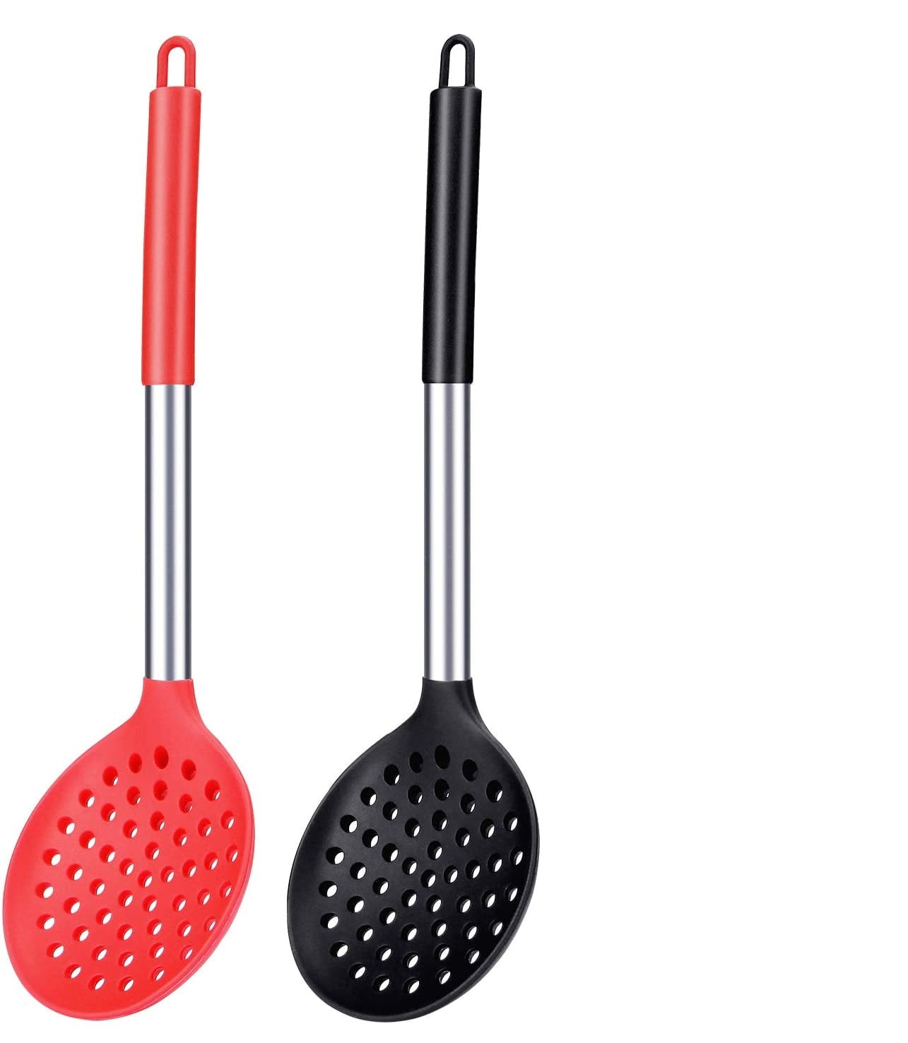 Kitchen Ladle Strainer Set of 2 Large Slotted Spoon with High Heat  Resistant BPA Free Non Stick Cooking Skimmers For Draining & Frying (Black  and Red)