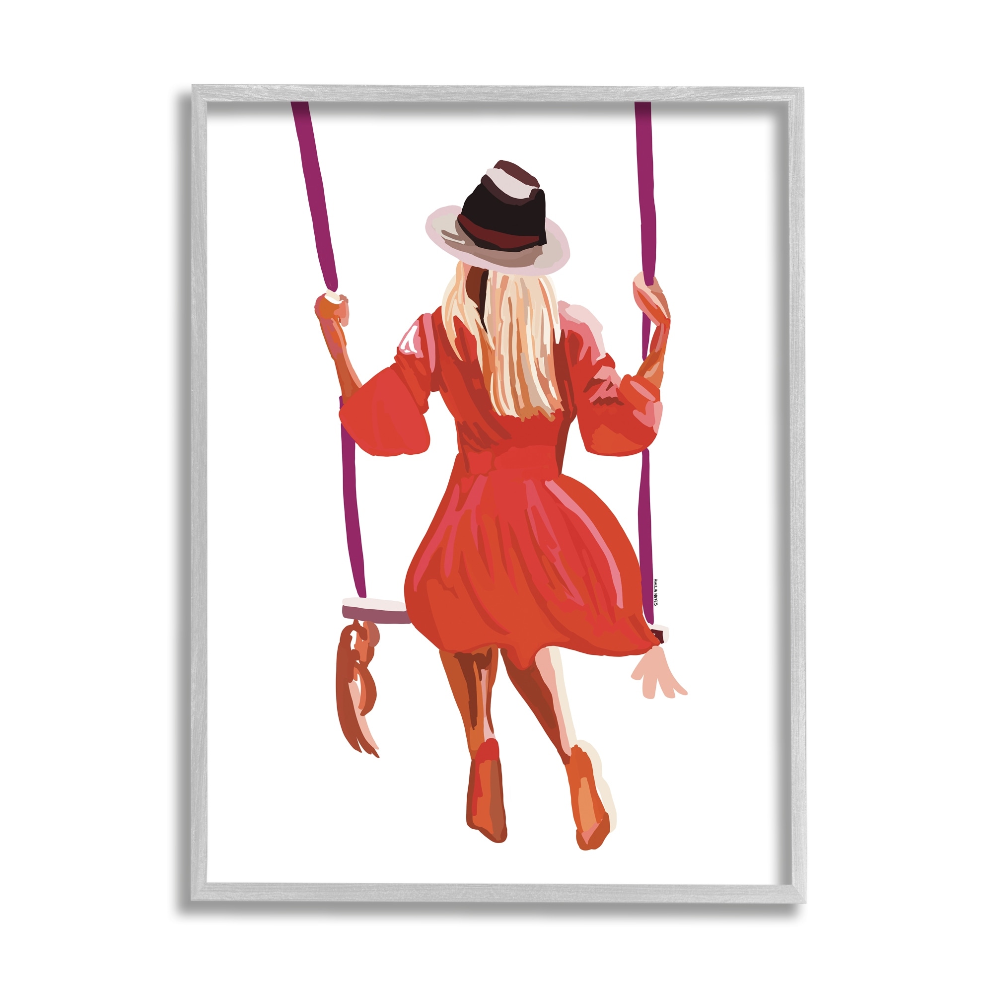 Stupell Industries Woman Wearing Red Dress Relaxing Park Swing Graphic Art Gray Framed Art Print Wall Art, Design by Amelia Noyes