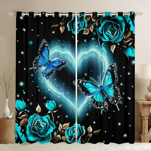 Erosebridal Farmhouse Curtains 38x54 inch,Rose Butterfly 30%-50% Blackout Curtains 30-50%,Romantic Love Heart Curtains Drapes,Teal Rose Window Curtains 2 Panels for Living Room