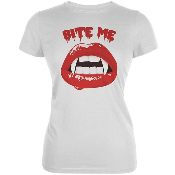 Halloween Women's Juniors Vampire Bite Me White Short Sleeve Graphic Tee