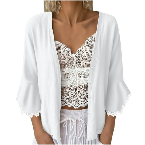 biudgviw Lightweight Cardigans for Women 3/4 Sleeve Flared Cuffs Lace Cover Up Fall Fashion Casual Loose Open Front Coat
