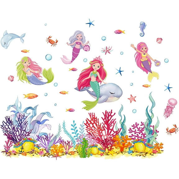 2 Sheets Mermaid Ocean Plant Wall Decals 35x15 Inch PVC Wall Stickers Mixed Color Wall Decals for Decorating The Living Room Office Dormitory Coffee Shop or Store for DIY