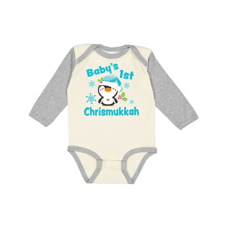

Inktastic Baby s 1st Chrismukkah with Cute Baby Penguin and Snowflakes Boys or Girls Long Sleeve Baby Bodysuit